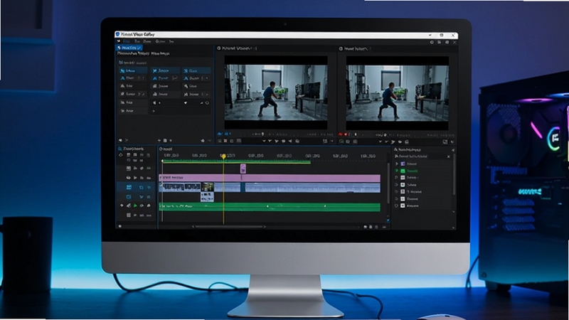 画面主体为一台运行着Xilisoft Video Editor主界面的现代台式电脑,屏幕中清晰显示时间线剪辑轨道与视频预览窗口,背景为深蓝色科技感工作台,周围有柔和的RGB灯光点缀,整体构图突出软件的专业性与易用性,画面风格写实且明亮。