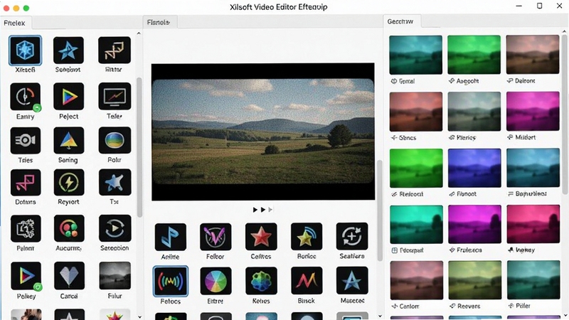 展示Xilisoft Video Editor特效库展开的界面布局,右侧缩略图墙呈现多种色彩斑斓的滤镜效果,中心预览窗口播放着应用了胶片颗粒滤镜的风景视频,界面风格清爽,特效图标排列整齐。