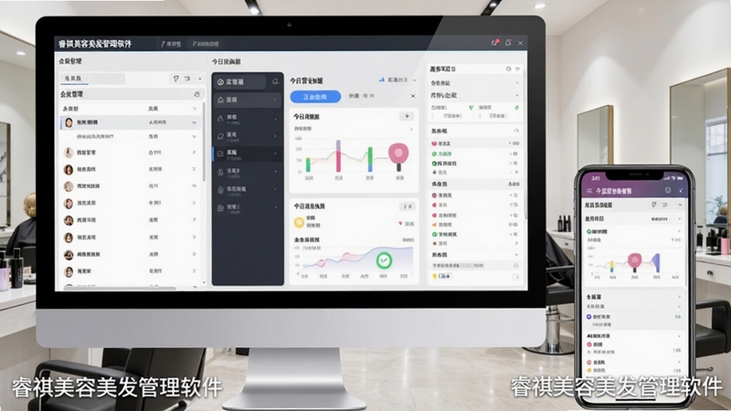 展示睿祺美容美发管理软件在电脑和手机上的界面全貌,左侧是会员管理列表,中间是今日营业数据看板,右侧是服务项目与库存台账,背景为现代简约的美发沙龙环境,整体画面明亮清晰,软件名称“睿祺美容美发管理软件”以水印形式显示在屏幕角落。