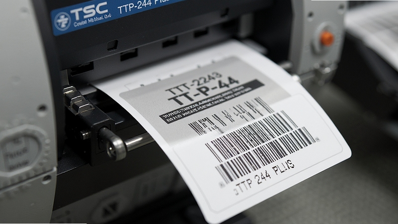 特写TSC TTP-244 Plus打印机正在打印一张带有条形码和文字的标签,打印头部分细节清晰,标签纸从出纸口缓缓送出,打印效果清晰锐利,背景虚化,突出打印动作与打印成品,工业风格。