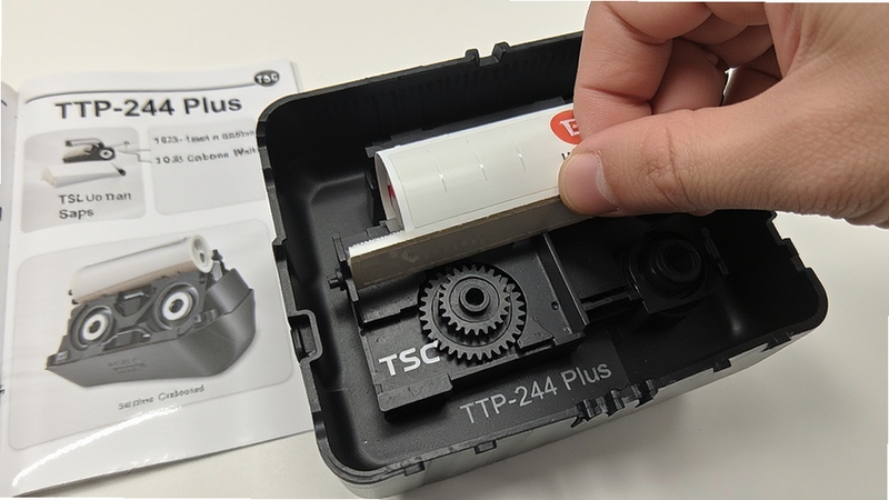 TSC TTP-244 Plus打印机底部特写,显示碳带与标签纸的安装结构,手指正将碳带卡入齿轮,旁边有用户手册,画面清晰展示安装步骤,帮助用户理解装纸与碳带过程。