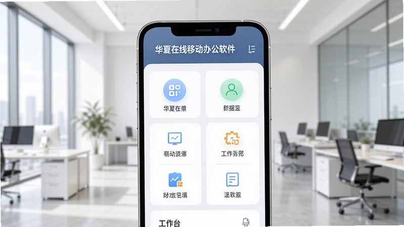 华夏在线移动办公软件主界面展示,屏幕中显示清晰的菜单图标与工作台布局,背景为现代简约的办公室场景,明亮光线,画面主体为手机屏幕特写,突出软件名称与功能模块,风格专业且具有科技感,适合作为软件预览图