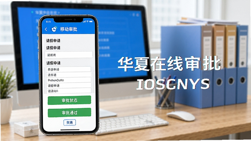 华夏在线审批功能流程示意图,手机屏幕显示请假申请表单与审批通过状态,背景为办公桌面有电脑和文件,画面主体突出,强调移动审批的便捷性,色彩明快,适合软件功能介绍