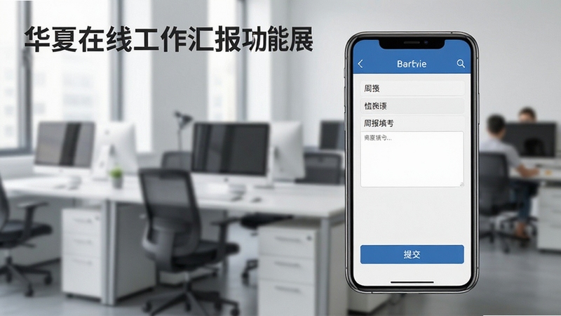 华夏在线工作汇报功能展示,手机端显示周报填写界面,包含文本区域和提交按钮,背景为办公室工作场景,画面干净整洁,突出软件名称,风格写实,适合作为配图