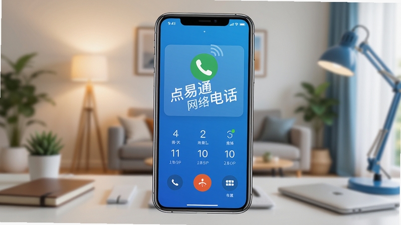 创作一幅展示点易通网络电话核心功能的宽幅数码产品预览图,画面中心是一部亮屏的智能手机,屏幕上清晰显示着点易通网络电话的拨打界面,背景虚化处理,呈现出温馨的居家或现代办公场景,整体色调以蓝色和白色为主,突出清晰、可靠的通信品质感,画面干净明亮,产品渲染级别,点易通网络电话字样自然融入屏幕界面中。