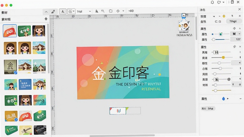 金印客设计软件主界面预览图,左侧为素材模板库列表,中央为可编辑的彩色名片设计画布,右侧为属性调节面板,背景为干净的浅灰色工作台,界面清晰专业,整体风格明亮现代。