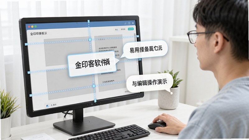 金印客软件模板选择与编辑操作演示,画面中一个新手用户正在使用鼠标拖拽模板中的文字框,界面高亮显示对齐辅助线,旁边有浮动操作提示气泡,整体环境明亮,体现易用性。