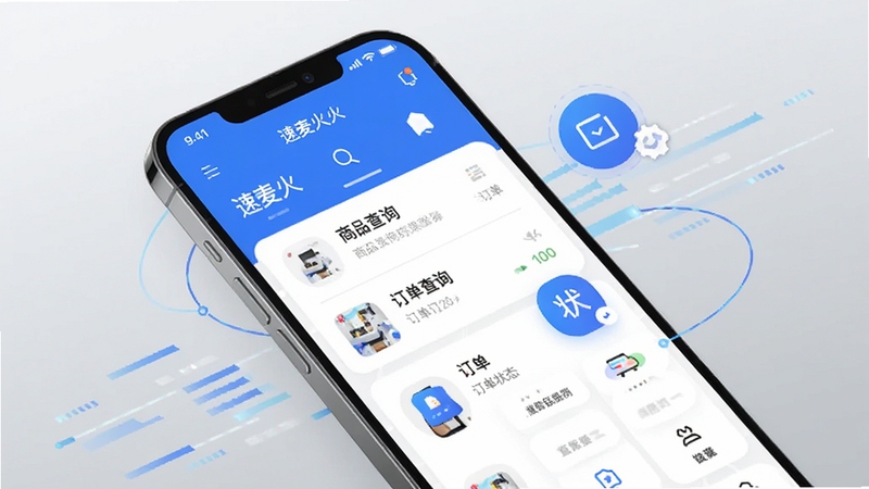 现代风格智能手机界面展示速麦火应用主屏幕,屏幕中央显示商品查询结果列表与订单状态图标,背景为浅灰色渐变,主色调为蓝色与白色,界面简洁清晰,应用图标醒目,画面中手机略微倾斜,展现流畅的操作界面与丰富功能模块,周围有抽象线条与数据流动效果,体现高效与智能,适配移动端竖版构图。