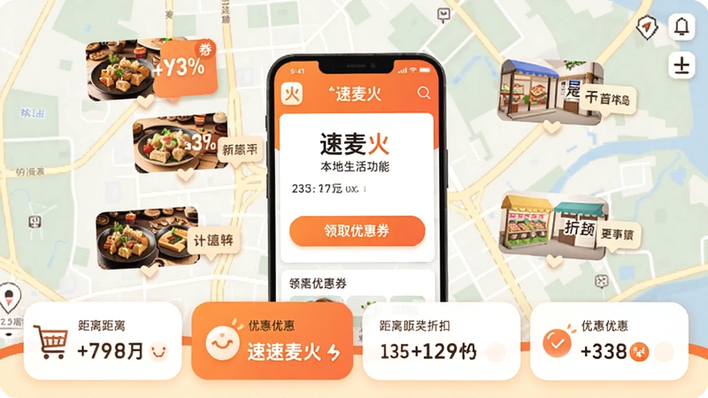 速麦火本地生活功能界面模拟图,地图背景上分布着餐厅与超市的优惠标签,下方卡片显示距离与折扣信息,采用暖色调,整体风格活泼,突出优惠与便利,中心位置有速麦火应用内嵌界面,显示领取优惠券按钮,画面清晰。