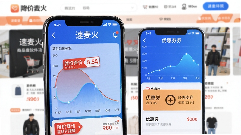 速麦火软件功能预览图,展示手机屏幕内商品价格对比曲线图与优惠券领取界面,背景为模糊的购物网站页面,前景清晰显示速麦火应用界面,包含红色降价提醒标签与蓝色数据图表,整体色调明亮,突出数据可视化和实用功能,画面具有科技感,适合应用介绍展示。