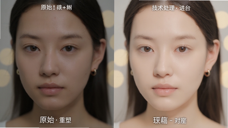 美妆修图美颜神器软件平台人像肤质重塑功能效果对比图,左边为原始皮肤,右边为处理后的光滑皮肤,细节丰富,背景虚化,突出技术优势