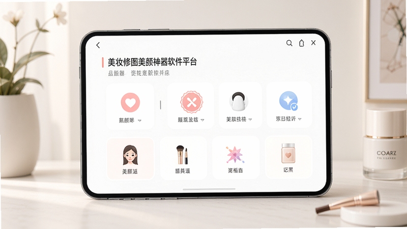 美妆修图美颜神器软件平台的主界面预览图,展示其简洁的布局和核心功能图标,背景为现代简约风格,光线柔和,突出软件的名称和主要美颜功能模块