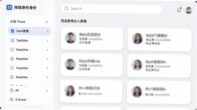 13网络身份个人助手应用内的凭证分类管理界面,左侧为分类列表,右侧展示对应凭证卡片,卡片上显示模糊化的身份信息条目,背景为浅灰色,界面采用圆角设计,顶部有搜索栏,整体风格清爽规整,体现高效管理的视觉效果