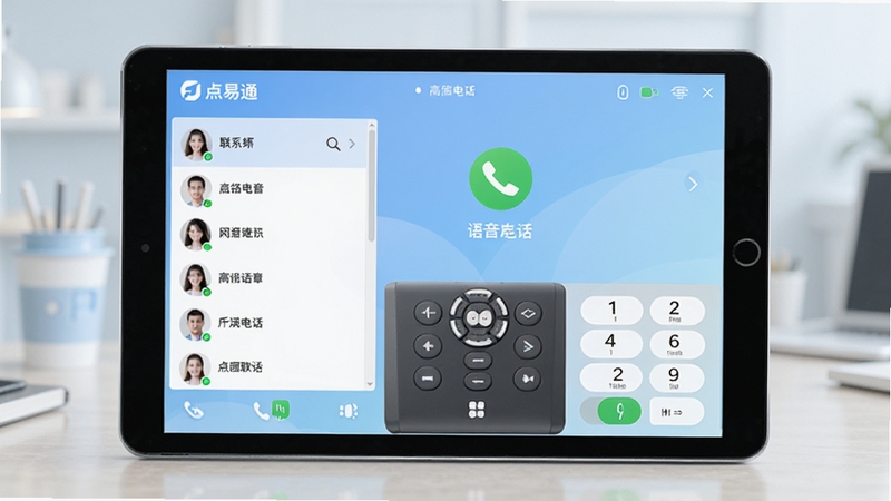 点易通网络电话官方主界面预览图,展示高清语音通话界面,屏幕上显示联系人列表和拨号键盘,背景为淡蓝色渐变,整体风格简洁现代,图标清晰,界面明亮,突出通话功能与品牌标识,画面主体居中,细节丰富,适合软件介绍场景