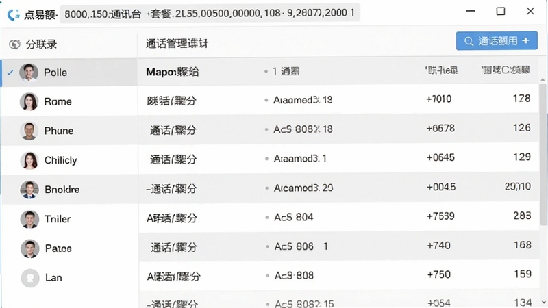 点易通网络电话通讯录与通话记录管理界面截图,展示联系人分组与通话详单,界面采用列表设计,字体清晰,图标简洁,背景为白色与浅灰色相间,顶部显示余额与套餐信息,整体风格商务简约,数据排列整齐,突出易用性与管理功能