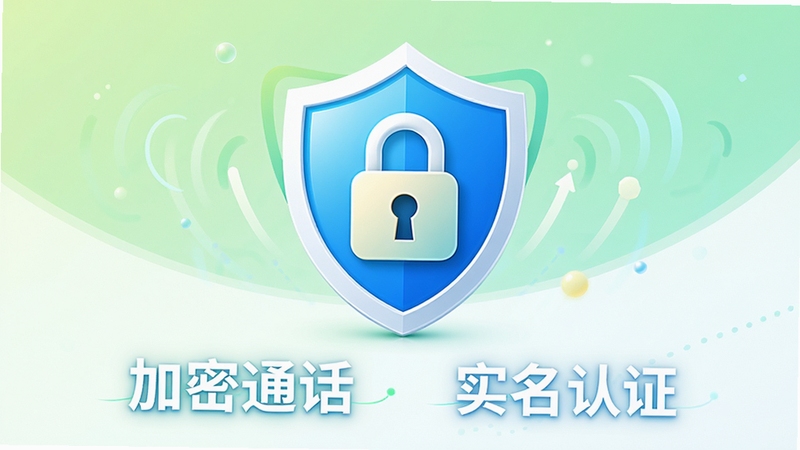 点易通网络电话安全认证示意图,画面中央展示盾牌图标与锁形符号,背景为淡绿色与白色渐变,下方有“加密通话”“实名认证”字样,整体风格安全可靠,色彩明亮,构图简洁,突出安全保障的主题