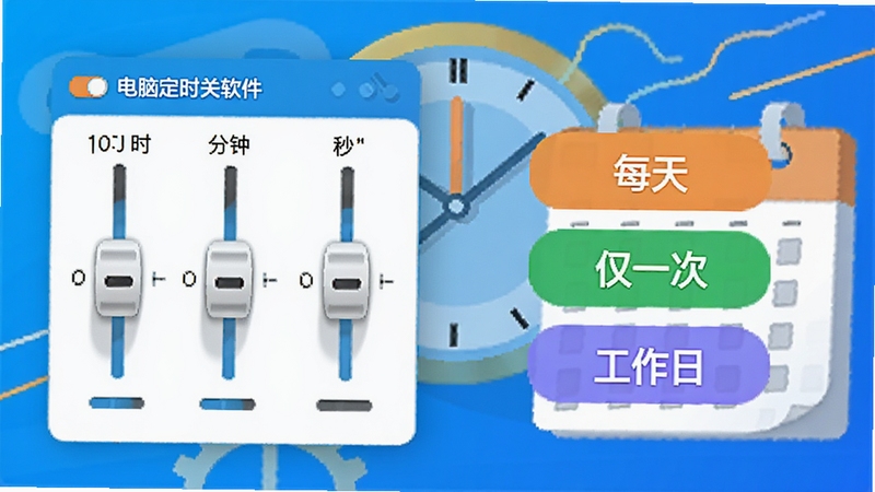 展示我的电脑定时关机软件功能示意图,画面左侧为时间设定面板,带有小时、分钟、秒的调节滚轮,右侧为“每天”、“仅一次”、“工作日”等循环选项的彩色标签,背景融入时钟与日历的抽象线条元素,构图清晰,色彩明快,体现功能多样性。