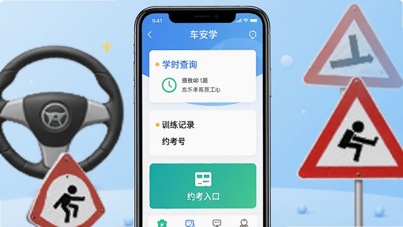 车安学软件主界面预览图,画面中央显示手机屏幕,屏幕中清晰展示车安学App的首页功能模块,包括学时查询、训练记录、约考入口等,背景采用浅蓝色渐变,辅以方向盘、交通标志等驾考元素,整体风格干净明亮,突出软件的实用性与专业感,竖版构图,适合应用商店展示