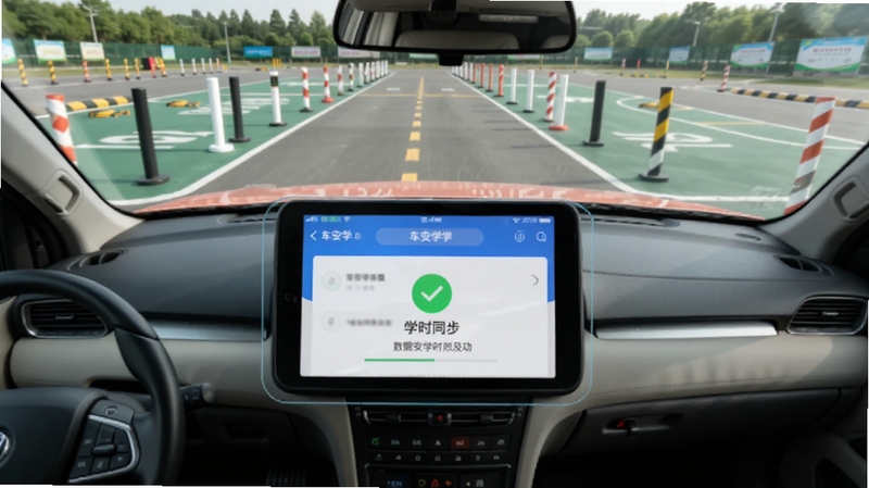 车安学学时记录界面截图风格图片,画面中一辆教练车正在训练场地行驶,车内中控台位置放大显示车安学App的学时同步界面,绿色的对勾图标表示数据上传成功,背景为驾校训练场,带有标线、桩杆等元素,图像清晰真实,突出数据同步的及时性与准确性