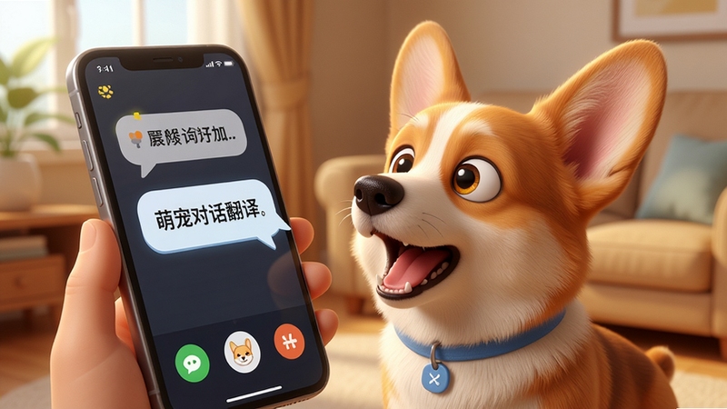 萌宠对话翻译器主界面展示,一只可爱的柯基犬对着手机屏幕吠叫,屏幕中显示翻译后的文字气泡,背景为温馨的客厅环境,光线柔和,画面清晰,充满趣味性,突出人宠互动主题,整体风格为3D卡通渲染,高细节,4K画质