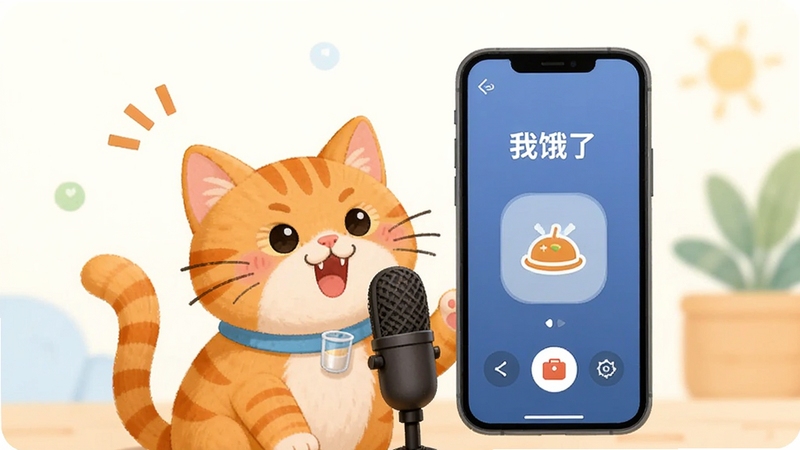 萌宠对话翻译器录音翻译界面,一只橘猫正对着麦克风喵叫,手机屏幕上显示“我饿了”的文字和食物图标,背景简洁明亮,突出翻译功能,插画风格,色彩明快,高分辨率