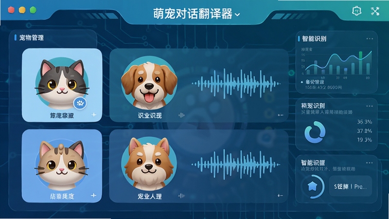 萌宠对话翻译器宠物档案管理界面,展示多只猫狗的卡通头像和声音波形,背景为科技感的数据面板,设计现代,色调清新,强调个性化与智能识别,UI设计风格,细节丰富