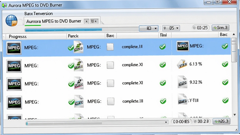 展示 Aurora MPEG to DVD Burner 批量转换界面,多个 MPEG 文件排列在列表中,每个文件旁有绿色对勾表示转换完成,背景为浅灰色工作台,软件界面简洁明快,突出高速转换与批量处理功能,画面中可看到进度条与时间估算信息