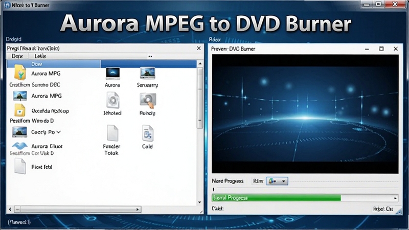 画面中央展示 Aurora MPEG to DVD Burner 主界面,左侧为文件列表拖拽区域,右侧为预览窗口和刻录进度条,背景采用深蓝色科技感渐变,界面元素清晰明亮,突出软件名称 Aurora MPEG to DVD Burner 的 Logo 位于顶部,整体风格写实、专业,适合软件下载站封面图