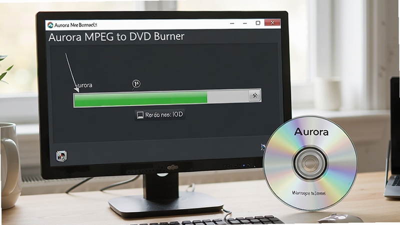 展示 Aurora MPEG to DVD Burner 正在刻录光盘的照片,电脑屏幕显示刻录进度,旁边摆放一张光盘,环境为明亮的工作台,画面清晰自然,突出软件实用性与可靠性,软件名称出现在屏幕上方标题栏