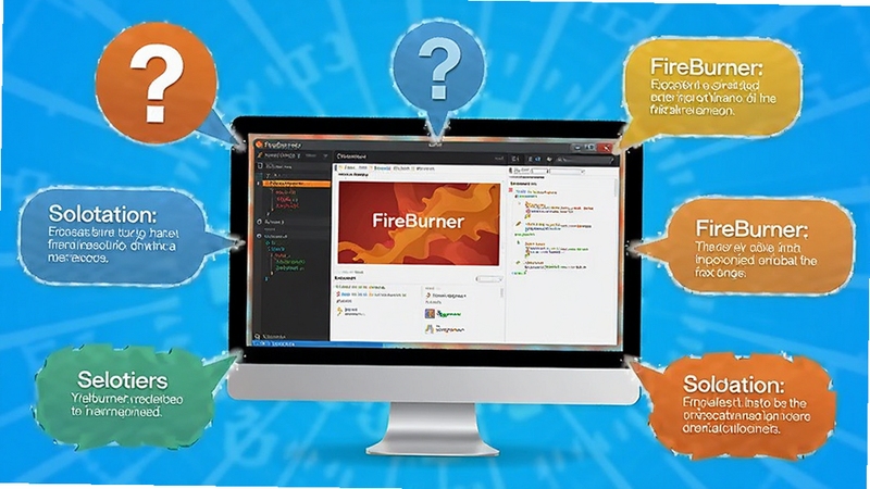 FireBurner软件常见问题解答示意图,画面中央为一个电脑屏幕,屏幕上显示FireBurner界面,周围环绕着问号图标和解决方案文本气泡,整体色调明亮清晰