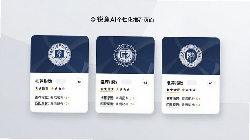 ����AI���Ի��Ƽ�ҳ�棬��Ļչʾ����ԺУ��Ƭ��ÿ�ſ�Ƭ����У����У�ա��Ƽ�ָ����ƥ��ԭ�򣬱���Ϊǳ��ɫ���䣬��Ƭ�������Ӱ���������������ʺ�չʾרҵ�Ƽ�����