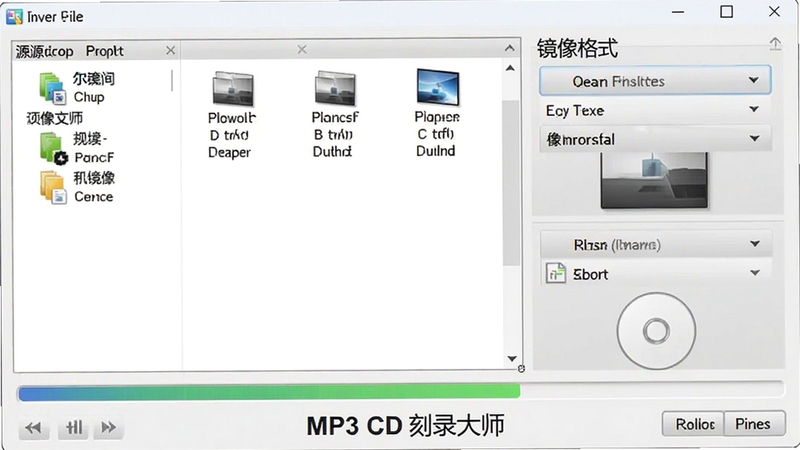 MP3 CD 刻录大师光盘镜像制作功能示意图,左侧显示源文件目录,右侧为镜像格式选择选项,底部有刻录进度条,界面背景为灰白色,整体干净整洁,软件名称标识显示在界面下方。