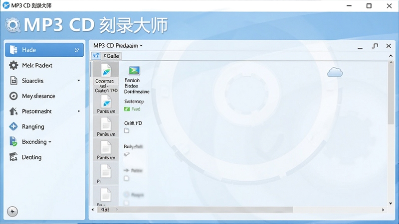 MP3 CD 刻录大师主界面预览图,展示简洁清晰的软件操作面板,左侧为功能导航栏,右侧为文件列表区域,背景为淡蓝色渐变,整体风格现代且专业,软件名称以醒目字体显示在窗口顶部。