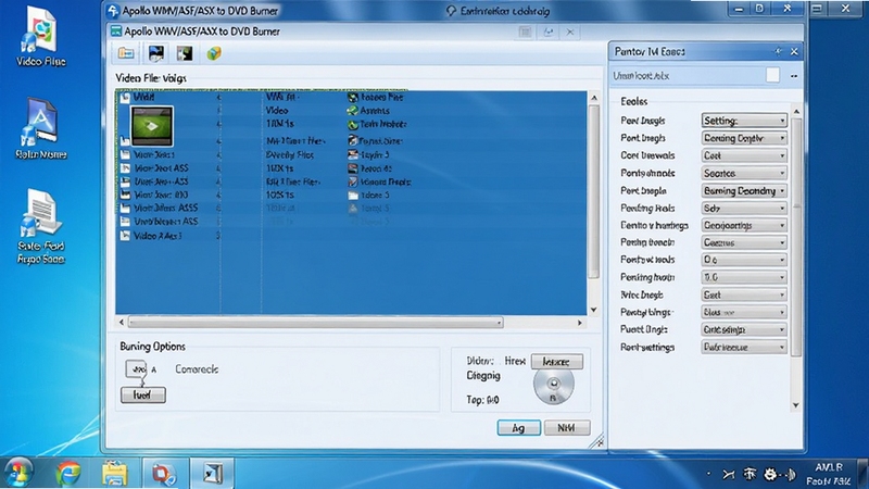 A software interface screenshot of Apollo WMV/ASF/ASX to DVD Burner on a computer desktop, main window showing a video file list and burning options, clean modern UI design, blue and white color scheme, detailed settings panel on the right side, realistic digital environment, high resolution
