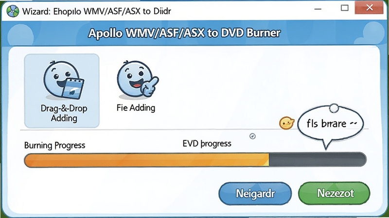 A step-by-step wizard interface of Apollo WMV/ASF/ASX to DVD Burner showing drag-and-drop file adding, followed by a burning progress bar, friendly tooltips and clear navigation buttons, bright and approachable design, digital illustration style