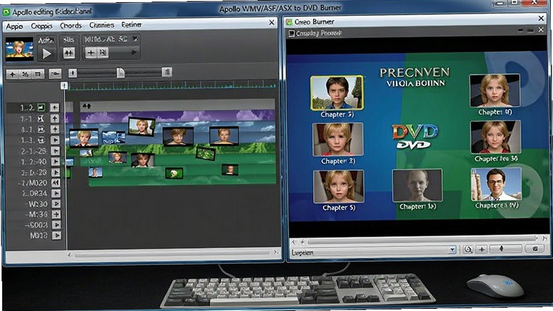 Apollo WMV/ASF/ASX to DVD Burner video editing panel with timeline, cropping tools, and a preview window showing a custom DVD menu with multiple chapter thumbnails, colorful interface, professional video editing environment