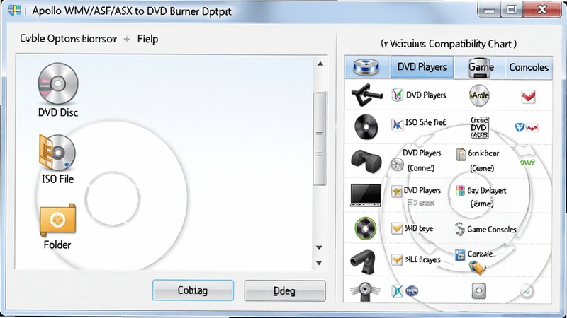 Apollo WMV/ASF/ASX to DVD Burner output options dialog showing DVD disc, ISO file, and folder choices, with a compatibility chart of various DVD players and game consoles on the right, clear icons and labels, clean interface design