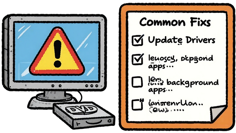 A troubleshooting illustration showing a computer with a warning icon and a DVD drive, next to a checklist of common fixes like updating drivers and closing background apps, friendly cartoon style, clear symbols, educational tone