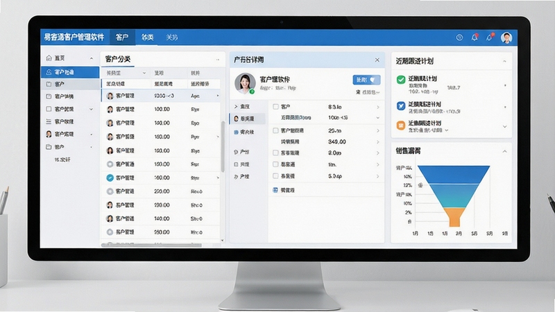 一张展示易客通客户管理软件核心功能界面的宽幅电脑截图,画面左侧是清晰可见的客户列表与分类导航,中央区域展示某个客户的详细信息面板,右侧为近期跟进计划与销售漏斗图表,整体UI风格现代简约,以蓝白为主色调,界面布局清爽,背景为浅灰色办公桌面,图片比例为16:9,画质清晰锐利,软件名称易客通客户管理软件显示在界面顶部导航栏。