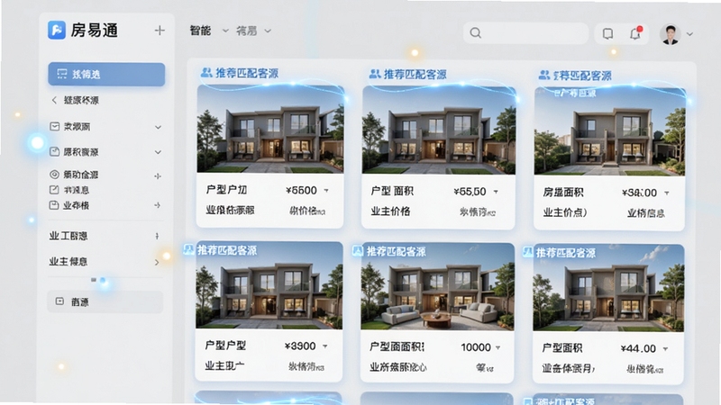 房易通软件房源管理功能界面预览图,画面左侧为筛选栏,右侧为房源卡片列表,每张卡片显示户型、面积、价格和业主信息,卡片上方有“推荐匹配客源”的智能标识,整体UI采用卡片式设计,背景为浅灰色,突出数据清晰与操作便捷,配以柔和的光效,营造科技感。
