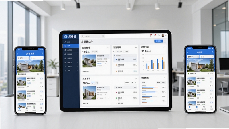 一张展示房易通软件主界面的高清截图,界面包含房源列表、客源管理、数据分析等模块,背景为现代简约的办公环境,画面中心是一台平板电脑显示房易通后台看板,左右两侧有手机模拟器展示移动端界面,整体色调以蓝色和白色为主,突出专业与高效,画面清晰明亮,适合软件介绍场景。