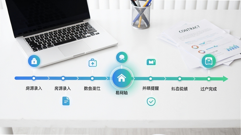 房易通交易进度时间轴功能展示图,画面中央是一条横向时间轴,标注从“房源录入”到“过户完成”的各个阶段,当前阶段高亮显示,周围有代表文件上传、提醒通知的小图标,背景为干净的白色办公桌面,放有笔记本电脑和纸质合同,整体风格简洁专业,颜色以蓝绿渐变为主,体现流程管理的清晰感。