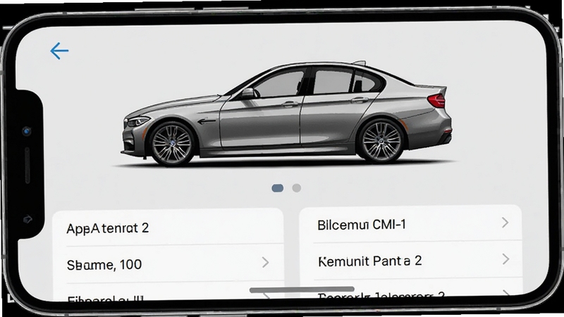 BMW驾驶指南App的车型选择界面截图,屏幕中有宝马轿车的侧面轮廓图,下方是车型列表菜单,界面背景为浅灰色,列表文字清晰可见,模拟真实手机界面,突出精准匹配功能。