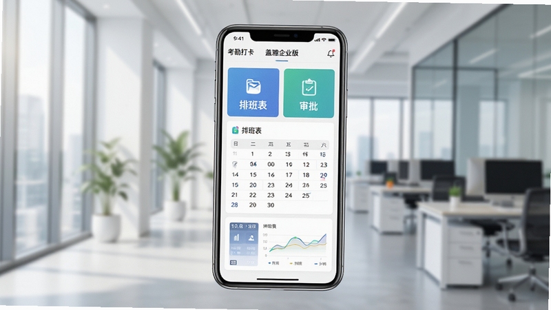 一张展示盖雅企业版软件在手机上运行的主界面预览图,界面清晰显示考勤打卡、排班表、审批等核心功能模块,背景为现代化的办公场景,画面主体突出,光线明亮柔和,风格写实且具有科技感,整体构图干净专业。