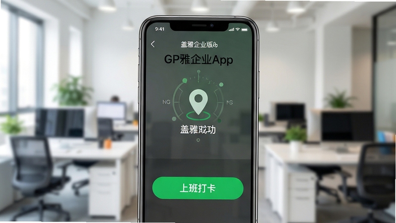 盖雅企业版App的考勤打卡界面,画面展示手机GPS定位成功并显示“上班打卡”绿色按钮,背景虚化的办公室环境,强化移动定位与考勤的关联性,风格简洁明快。