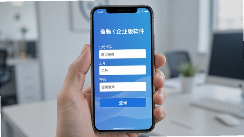 盖雅企业版软件在手机上的登录页面展示,界面包含公司代码、工号和密码输入框,下方有登录按钮,背景为简洁的渐变蓝色调,突出安全可靠的移动办公氛围。