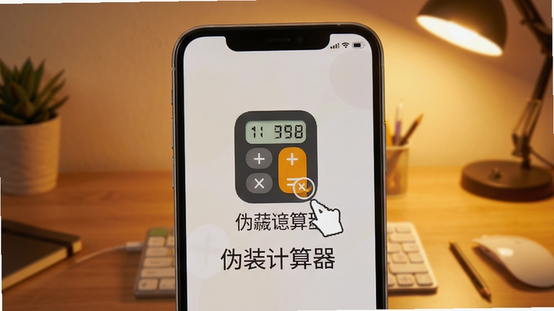 应用游戏隐藏器伪装模式展示图,画面中心手机屏幕显示一个计算器图标,但点击后进入隐藏管理界面,背景为暖色调桌面壁纸,图标下方标注“伪装计算器”字样,体现软件的功能特点。