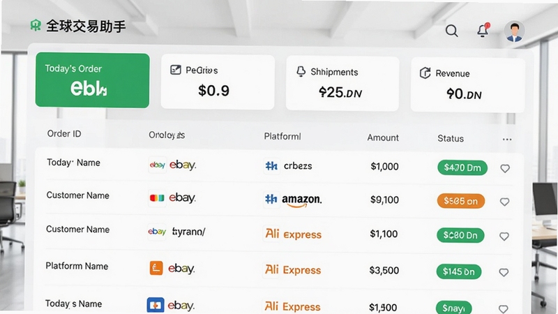 A clean dashboard screenshot of ȫ�������� showing a unified order list with columns for order ID, customer name, platform icon (eBay/Amazon/AliExpress), amount, and status badges. The interface is crisp with green accents and summary cards showing today's orders, pending shipments, and revenue. Professional SaaS dashboard style, bright office lighting, no people.