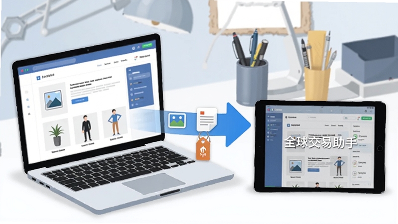 An illustration of ȫ��������'s product collection feature showing a laptop with a product page on the left and a tablet with a listing editor on the right. Between them, a stylized arrow with icons of image, text, and price tags flows from laptop to tablet. Background is a modern office desk with stationery. The software name 
