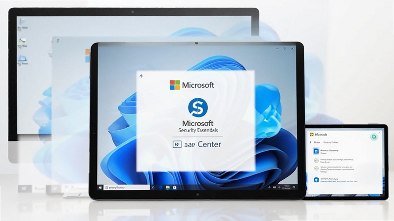 微软多款设备(电脑、平板)上显示统一的Windows安全中心界面,中央显示Microsoft Security Essentials图标,背景为Windows 10桌面,画面清晰明亮,强调系统级融合与一致体验,风格写实,现代科技感。